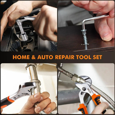 Go-To 368-Piece Home Repair Tool Kit With Drawer Toolbox Set Built Tough For Home Office Garage And DIY Projects Includes Hammer Pliers Screwdrivers Wrench Tape Measure And More shown in use for repairs