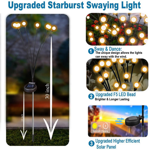 8 Pack Solar Powered Firefly Lights Outdoor Waterproof With Dual Modes Steady Glow And Flashing Swirling Warm White Garden Lights chart