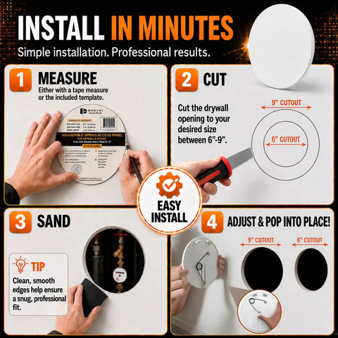 Install instructions for Snap Right In And Plug That Hole Fast With This Heavy Duty Round Spring Access Panel For Drywall Ceiling Crafted From Durable Abs Plastic For Quick Electrical And Plumbing Fixes In Clean White Fits Six To Nine Inches.