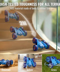 Fast USB-C Dual Charging RC Car And Controller with LED lights on steps, showcasing crash-tested durability and terrain versatility.