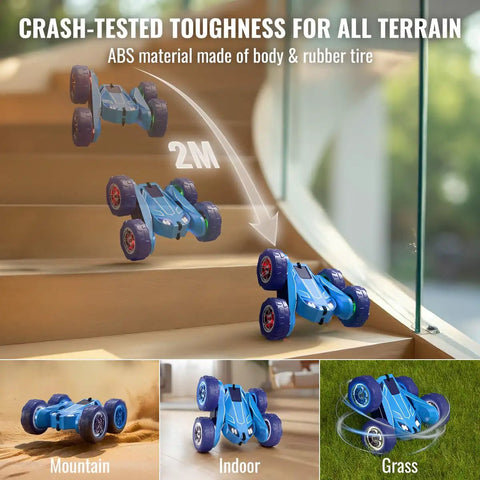 Fast USB-C Dual Charging RC Car And Controller with LED lights on steps, showcasing crash-tested durability and terrain versatility.