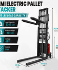Image of Heavy Duty 3300 Lbs Semi Electric Pallet Stacker showing dimensions and features for tight aisles in a warehouse.