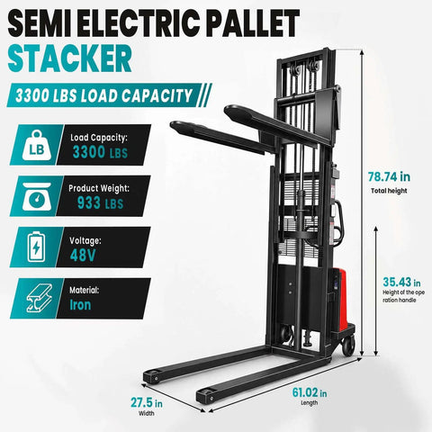 Image of Heavy Duty 3300 Lbs Semi Electric Pallet Stacker showing dimensions and features for tight aisles in a warehouse.