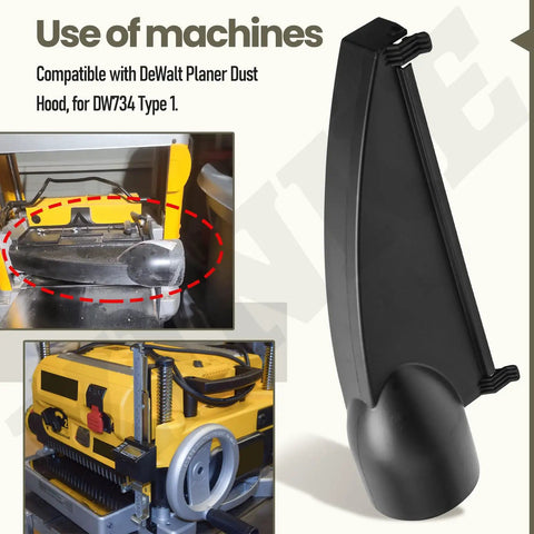 Top Shelf Replacement Planer Dust Hood Fits DeWalt Dw734 Type 1 shown attached to a planer for sawdust collection.