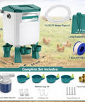 2 Gallon Automatic Chicken Waterer With Smart Float Control Hang Or Stand Poultry Drinker Attaches To Garden Hoses with accessories and dimensions.