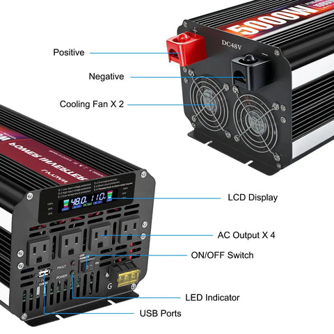 Heavy Duty 5000W Power Inverter Converts 48V To 120V Ac For Rv Truck And Solar Rig With Four Wall Plugs, LCD panel and cooling fans.