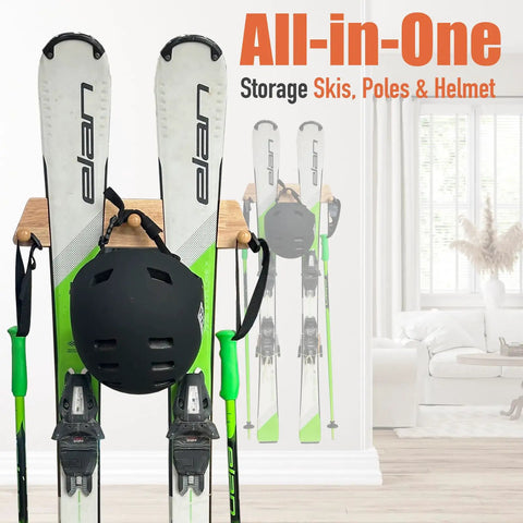 Kickass Oakwood Ski Rack With 3 Hooks Wall Mount Storage For Skis Snowboards Longboards Damage Free Scratch Safe Heavy Duty garage display with skis and helmet.