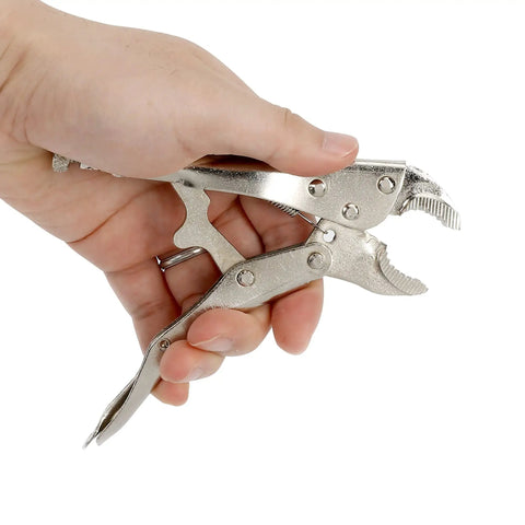 Hand holding locking pliers from Auto And Motorcycle 51 Piece Tool Kit Set With Wrench Reversible Ratchet Spark Plug Sockets SAE And Metric 6 Point Sockets Go To DIY Gear For Quick Fixes And On The Road Repairs
