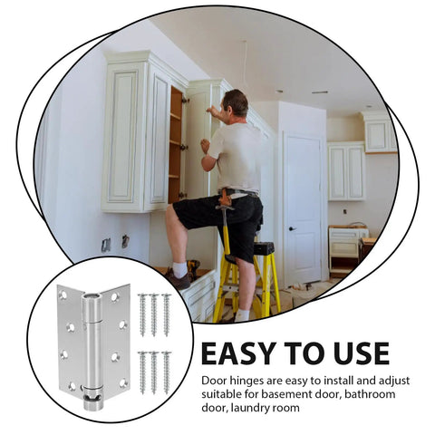 Self Closing Stainless Steel Door Hinge Heavy Duty Spring With Automatic Rebound For Screen Doors And Interior Doors Ideal For Bathroom Pantry Basements Durable Metal Door Hardware shown with installation example.