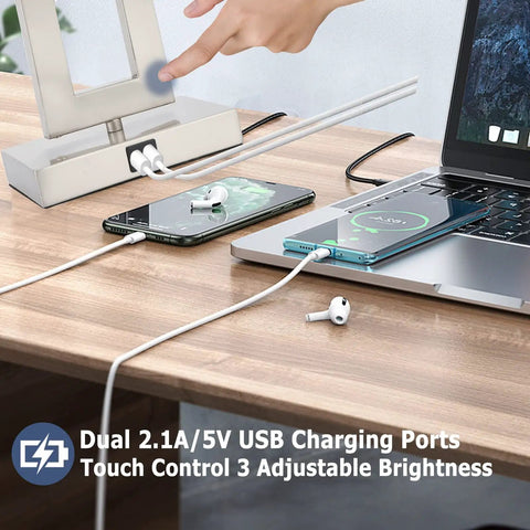 22-Inch Black Touch Table Lamps Set of 2 With No-Fuss Dual USB Ports, 3-Way Dimmable Touch Lamps connected to devices on desk