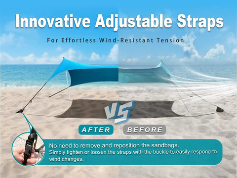 Ten By Ten Foot UPF50 Plus Beach Tent Sun Shelter with straps on sandy beach