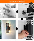 Installation details of Two Pack Dusk To Dawn Exterior Wall Lights With Auto On Off Sensor, 14W 1200LM 3000K Warm White Aluminum Sconces
