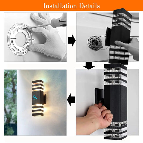 Installation details of Two Pack Dusk To Dawn Exterior Wall Lights With Auto On Off Sensor, 14W 1200LM 3000K Warm White Aluminum Sconces