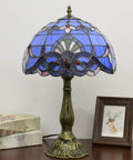 Blue Baroque Tiffany Style Stained Glass Table Lamp For Bedroom And Living Room, 12x12x18 Inch with aluminum base, on desk