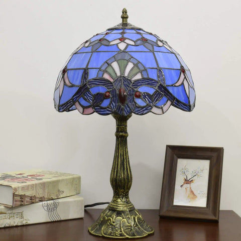 Blue Baroque Tiffany Style Stained Glass Table Lamp For Bedroom And Living Room, 12x12x18 Inch with aluminum base, on desk