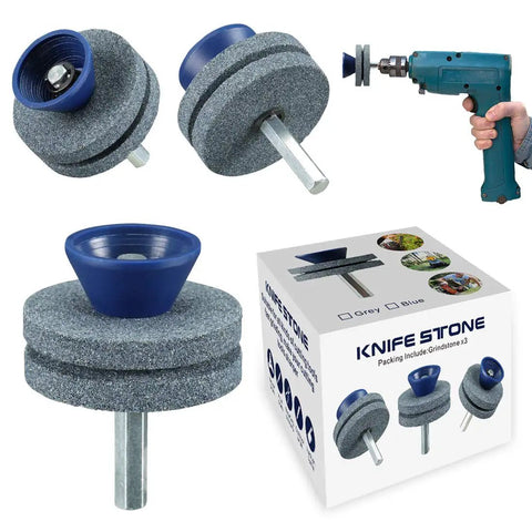 Double Layer Corundum Lawn Mower Blade Sharpener for Any Drill Universal Sharpening Tool With Dual Grindstones close-up view