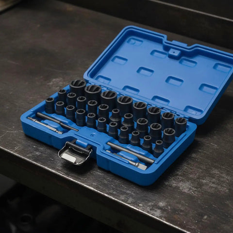 Top Tier 33 Piece Broken Bolt Extractor Set With Spiral Socket Nut Remover Kit For Cars And Trucks, CR-MO Steel Gear To Fix Rusty Bolts Fast In Your Garage Shop Or Workshop in blue case