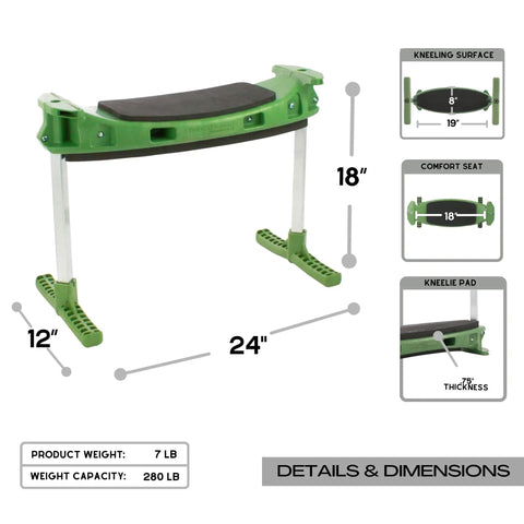 Ergonomic Garden Kneeler With Tush Pad And Handles For Pain Free Kneeling While Gardening Senior Friendly Versatile Garden Stool Kneeler Lightweight Yet Sturdy Made In USA shown with dimensions and specifications, including a 19x6 inch kneeling surface and 7 lb weight.