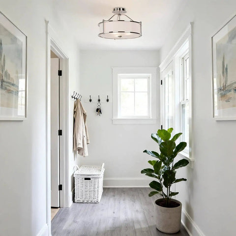 Hallway with Three Light Brushed Nickel Semi Flush Ceiling Light With Fabric Shade And Glass Diffuser, 18 Inch Drum Style