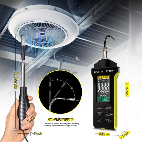 3 In 1 High Precision Digital Hot Wire Anemometer For Air Velocity And Air Flow With CFM CMM Readouts, 0.2 To 67 MPH Range, Temperature 32 To 113 F, Pro Grade Speed And Volume Diagnostics showing 360° probe and LCD