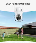 2K Solar Security Cameras Outdoor Wireless 2 Pack With 360 Degree Pan Tilt, Color Night Vision, installed on wall.