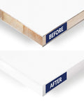 Before and after image showing edge finish with White Melamine Edge Banding Tape Iron On Adhesive For Cabinets And Furniture Three Quarters Inch By 100 Feet Edging Strips For MDF Plywood Formica Laminates Shelves Countertops And Trim.