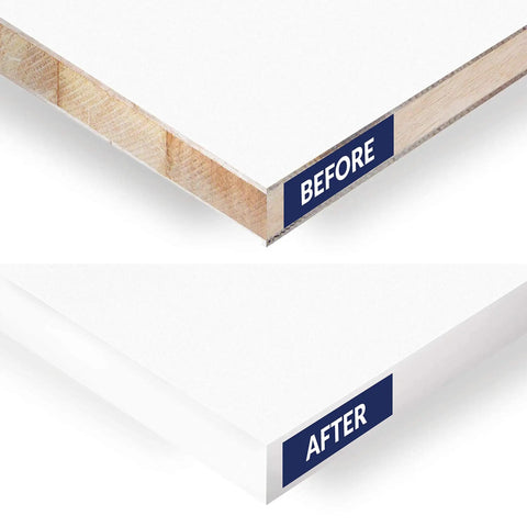 Comparison of raw plywood edge before and after applying White Heavy Duty PVC Edge Banding Tape, Three Quarter Inch By 25 Feet Long.