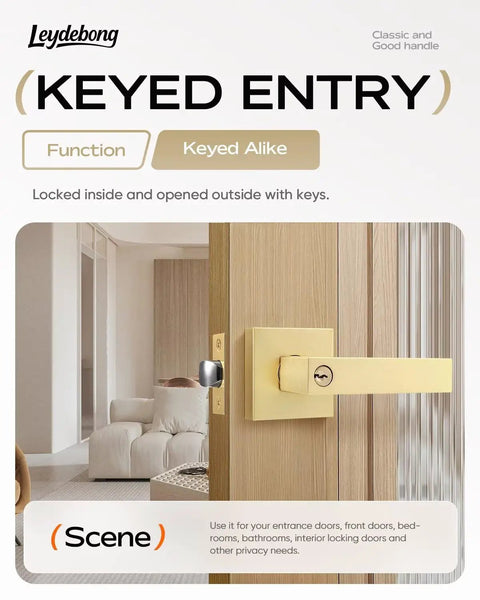 5 Pack Keyed Alike Exterior Door Levers With Lock In Gold Finish installed on a wooden door, showing living room interior.
