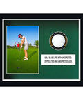 Premium Golf Ball Display Cabinet With Glass Door And 4x6 Photo Frame, UV protected, wood frame, dustproof, golfer putting.