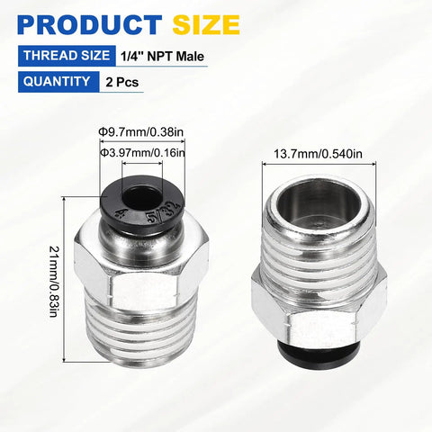 Two Pack Push To Connect Fittings One Quarter Inch NPT Male For 0.16 Inch OD Tubing Nickel Plated Brass with Dimensions