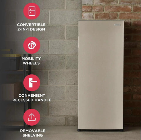 10 Cu Ft Upright Convertible Refrigerator And Freezer Box Featuring A No Sweat Mode Swap For Garage Or Basement Setup showing design features.