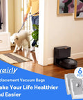 Six Pack Reusable Vacuum Bags For Roomba I Series S Series J Series shown with Roomba and Clean Base Automatic Dirt Disposal