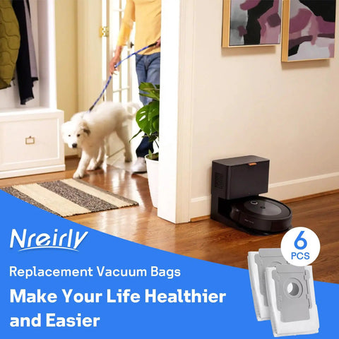 Six Pack Reusable Vacuum Bags For Roomba I Series S Series J Series shown with Roomba and Clean Base Automatic Dirt Disposal