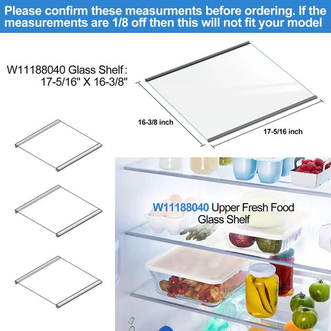 Upgraded Refrigerator Glass Shelf Replacement For WRS312 WRS315 WRS321 WRS325 Series Tempered Glass Upper Fresh Food Shelf 16-3/8 Inches X 17-3/8 Inches W11188040 W11135529 AP6286990 Fits Upper Shelf Only