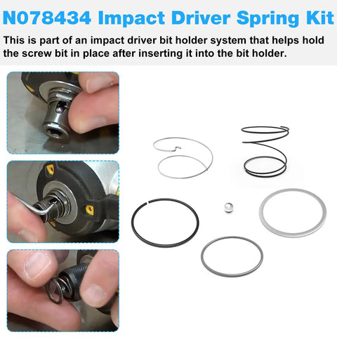 Impact Driver Spring Kit Replacement For 20V Impact Drivers With N078434 Spring And N089668 Steel Ball, kit components.