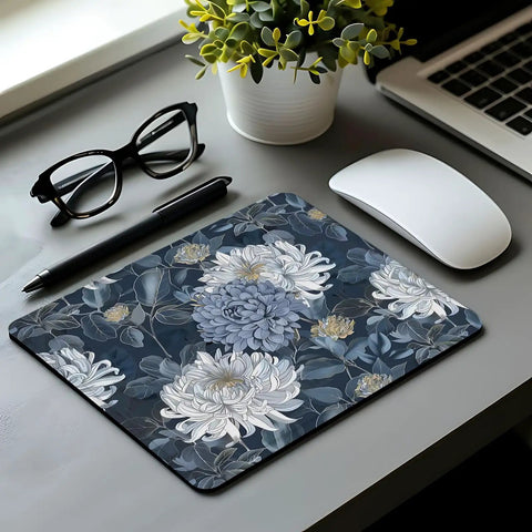 Blue And White Floral Mouse Pad With Gold Chrysanthemum Accent, Luxury Desk Mat For Home Office, Non Slip Rubber Base, 9.5 by 7.9 Inches