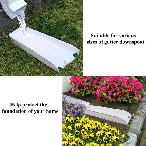 Heavy Duty Rain Gutter Downspout Extension Splash Block Keeps Foundation Bone Dry And Stops Yard Flooding So Your Outdoor Game Stays Strong All Weekend Long resting on grass with water flowing from a downspout.