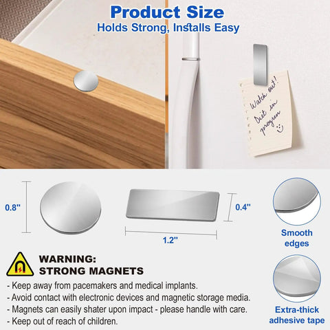 Magnetic Door Catch Set Ultra Thin Cabinet Magnets For Closure Adhesive Drawer And Cabinet Latches Stainless Steel smooth rounded and rectangular design with installation instruction image.