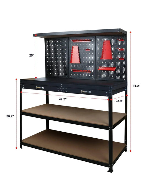 Beast Heavy Duty Workbench With Pegboard And Drawers For Garage And Home Workshop, 47.25 Inch Long Steel Table With Upper Shelf