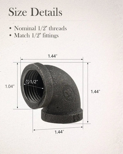 Size details for Twenty Pack One Half Inch 90 Degree Black Threaded Elbow Pipe Fittings Cast Iron For DIY Furniture Decor Steampunk Industrial