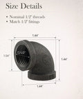 10 Pack One Half Inch Malleable Cast Iron Pipe Elbows 90 Degree Fittings For Threaded Black Pipes Durable Industrial DIY Steampunk Vintage Style Dope Vibe with size details