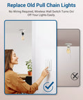Woman using remote control light socket with wireless switch replaces pull chain no wiring needed 100 ft range wall mounted controller