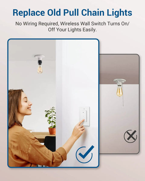 Woman using remote control light socket with wireless switch replaces pull chain no wiring needed 100 ft range wall mounted controller