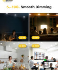 Dimmable Sixteen Pack 6 Inch LED Recessed Downlights showing various settings from 5% to 100% brightness in different rooms.