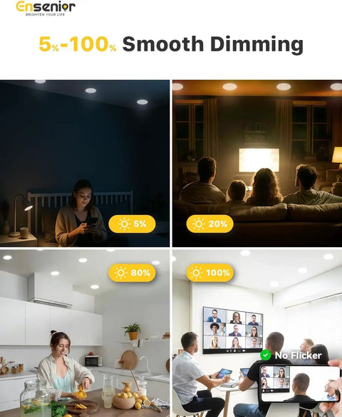 Dimmable Sixteen Pack 6 Inch LED Recessed Downlights showing various settings from 5% to 100% brightness in different rooms.