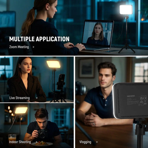 Two Pack LED Video Panel Light Kit With Desktop Tripod Stands And Filters For Webcam Desktop Computer And Laptop Zoom Calls Dimmable For Makeup Recording Selfie And Streaming BP66 in various settings including Zoom meetings and streaming.