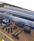 Heavy Duty Digital Table Saw Fence System Built Tough With Industrial Steel And Aluminum For Dead On Cuts and Pro Level Precision Woodworking accessories on a workbench.