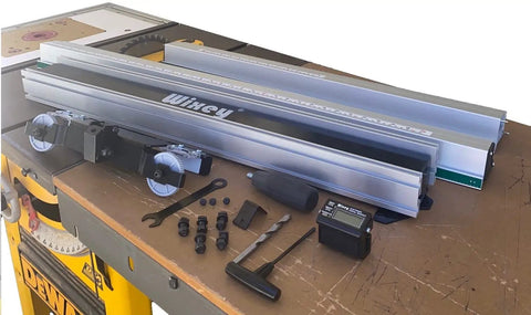 Heavy Duty Digital Table Saw Fence System Built Tough With Industrial Steel And Aluminum For Dead On Cuts and Pro Level Precision Woodworking accessories on a workbench.