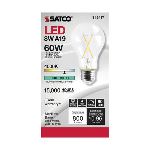 Dimmable LED Filament A19 Bulbs 8W 4000K 90 CRI Clear Glass Medium Base 120V 24 Pack For Home And Hotel Use Lit Displays And Commercial Projects High Lumens Energy Efficient Lighting