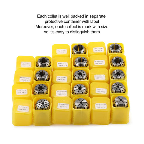 14Piece ER20 Spring Collet Set For CNC Milling Lathe Chuck Tools In Engraving And Milling Sizes From One Sixteenth Inch To One Half Inch Durable Spring Steel Collets For Precise Holding A Solid Go To CNC Project Kit displayed in yellow protective containers with size labels